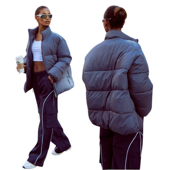 New PrettyLittleThing Slate Grey Nylon Padded Panel Longline Puffer Jacket XS - Picture 1 of 9